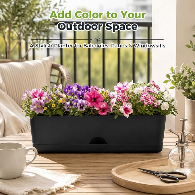 6 Pack Rectangle Planter 16x4.4 Inch Window Boxes Planters Rectangular Window Sill Planters Indoor Self Watering Plant Pots with Drainage Holes and Saucers Succulent Herb Flower Pots, Black