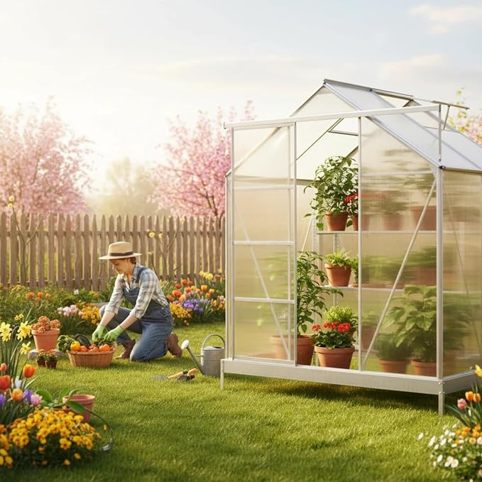 6x4 FT Greenhouse, Walk-in Polycarbonate Greenhouse, Heavy Duty Aluminum Outdoor Green House Kit with Sliding Door, Roof Vent, Rain Gutter for Backyard Garden All Season Growing, Sliver