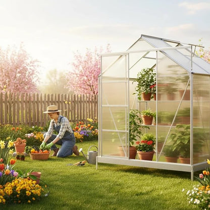 6x4 FT Greenhouse, Walk-in Polycarbonate Greenhouse, Heavy Duty Aluminum Outdoor Green House Kit with Sliding Door, Roof Vent, Rain Gutter for Backyard Garden All Season Growing, Sliver