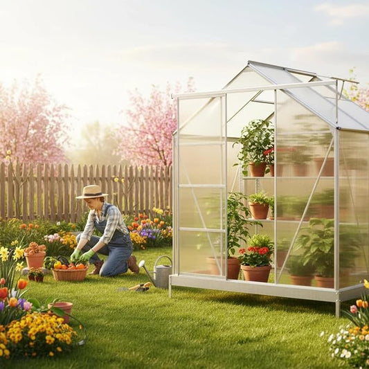 6x4 FT Greenhouse, Walk-in Polycarbonate Greenhouse, Heavy Duty Aluminum Outdoor Green House Kit with Sliding Door, Roof Vent, Rain Gutter for Backyard Garden All Season Growing, Sliver