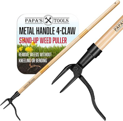 MELISSA AND HARRY Papa's Tools Weeder - Stand Up Weed Puller Tool Made with Long Wooden Handle - Real Bamboo & 4-Claw Steel Head (Natural / 3PC)