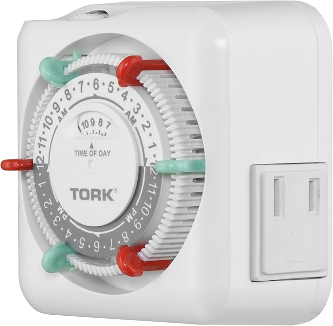 NSi Industries TORK RTN112 Indoor 15-Amp Plug-in Mechanical Appliance Timer 24-Hour Programming – GREEN & RED Trippers TWO Receptacles White