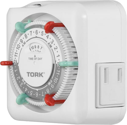 NSi Industries TORK RTN112 Indoor 15-Amp Plug-in Mechanical Appliance Timer 24-Hour Programming – GREEN & RED Trippers TWO Receptacles White