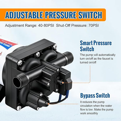 YOUNGTREE Water Pressure Diaphragm Pump 110V AC 5.5GPM 70PSI RV Water Transfer Pump 110 Volt On Demand Self Priming for Home Kitchen RV Garden Irrigation Car Washing Rain Barrel Lawn Camper