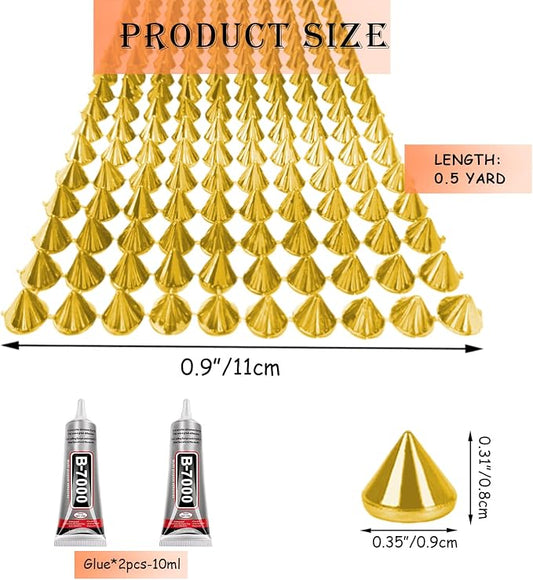 0.5 Yard Spike for Crafts Stude for Clothing, Gold Spike Stud with Glue, Cone Flatback Plastic Trim Mesh for Holloween Party Decoration Costume DIY Crafts