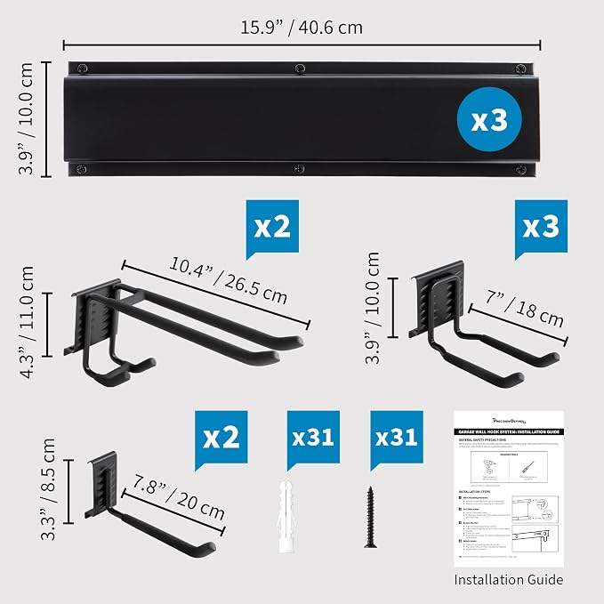 Precision Defined Garage Shovel And Rake Tool Organizer 48" 330lbs Capacity | Wall Mount Garden Tool Organizer, Garage Storage Rack, And Shed Organizer With Adjustable Hooks For Versatile Storage Options