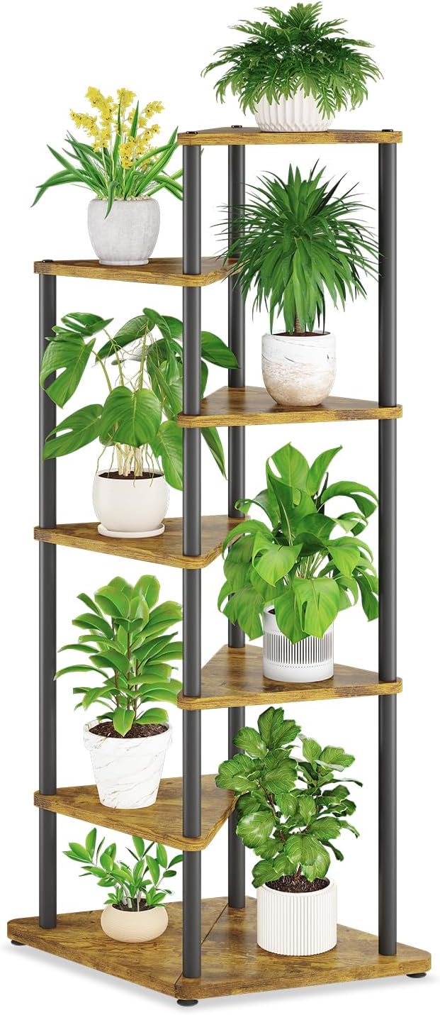 iDavosic.ly Tall Plant Stand Indoor for Large & Heavy Duty Planters, 6 Tier Corner Flower Shelf with Wooden Trays & Metal Frame, 49 Inch Orchid Rack for Living Room Balcony Porch, Black & Brown