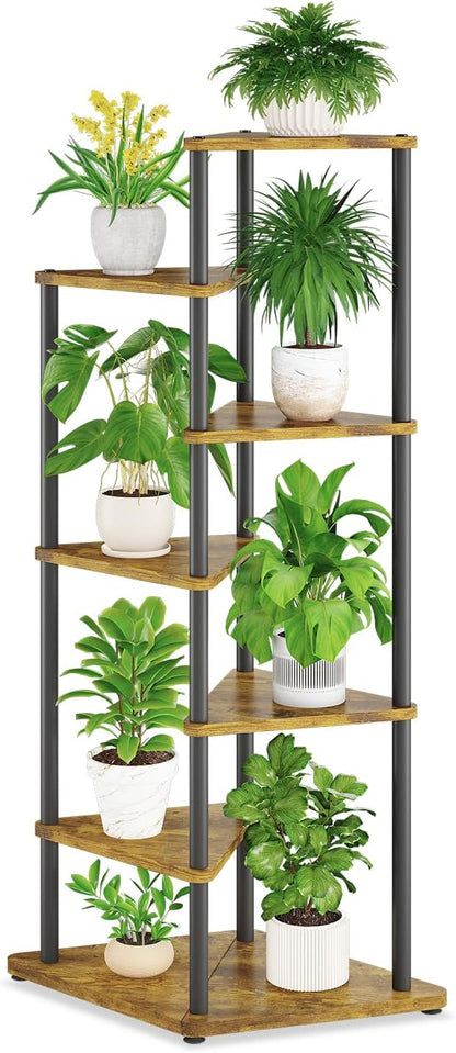iDavosic.ly Tall Plant Stand Indoor for Large & Heavy Duty Planters, 6 Tier Corner Flower Shelf with Wooden Trays & Metal Frame, 49 Inch Orchid Rack for Living Room Balcony Porch, Black & Brown