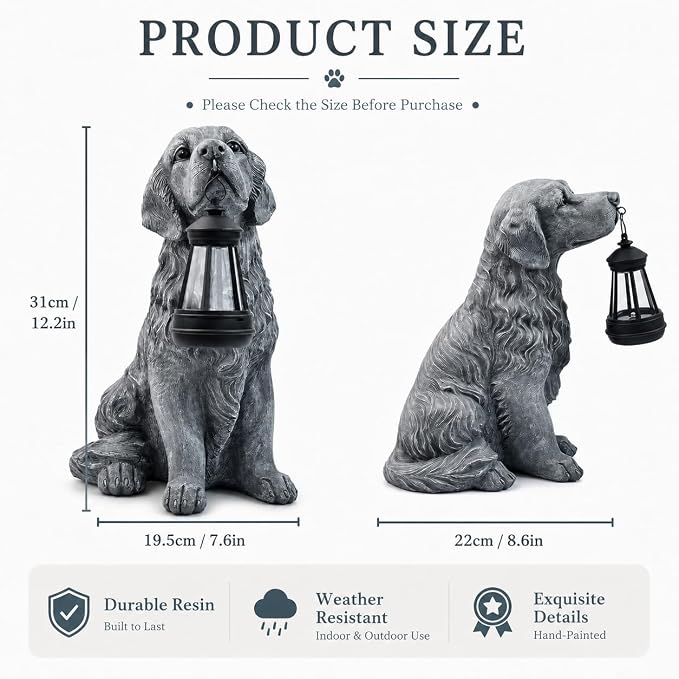12.2 Inch Large Solar Dog Garden Statue with Lantern, Waterproof Resin Outdoor Puppy Figurine Light for Patio Yard Lawn Pathway Porch, Decorative Solar Lights Gift for Dog Lovers