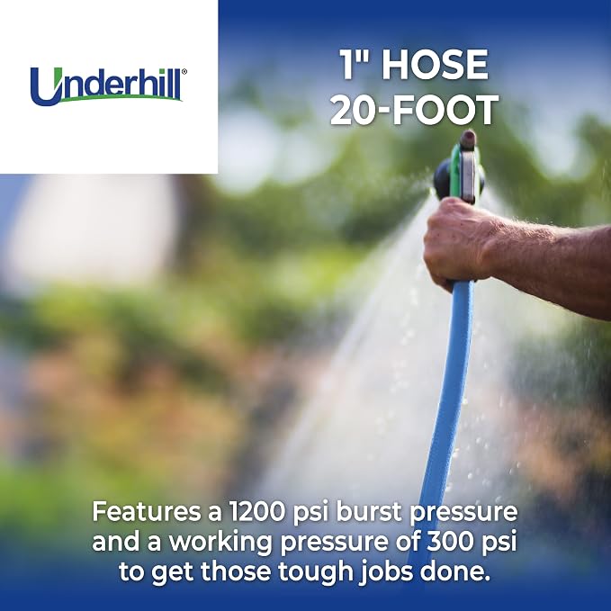 Underhill ShortyPro UltraMax Commercial Garden Water Hose, Lightweight, Heavy-Duty, Flexible, Anti-Kink, 1200 psi, H10-S20, 1 Inch x 20 ft, Blue