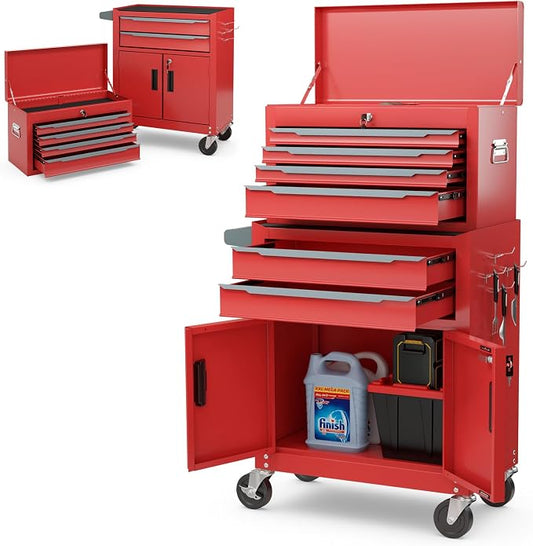 ERGOMASTER Large Rolling Tool-Chest with 6 Drawers Heavy Duty Tool-Cabinet on Wheels Lockable and Lock System for Garage Workshop(28 x 13 x 44”-Red)