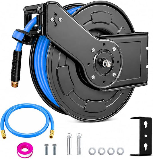 Aain AG40 Retractable Air Hose Reel, 1/2" Inch x 50' Ft Wall Mount Auto Rewind Hose-Reel, Heavy Duty Steel Air Hose Reel, Industrial Grade Rubber Hose, Blue