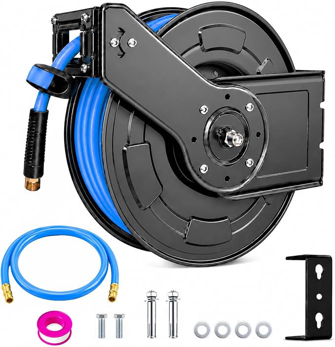 Retractable Air Hose Reel, 1/2 Inch x 50 Ft Wall Mount Auto Rewind Hose-Reel, Heavy Duty Steel Air Compressor Hose Reel with 5 ft Lead in, Max 300PSI Industrial Grade Rubber Hose, Blue