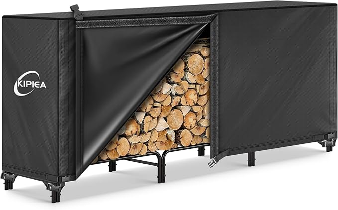 Kipiea 8FT Waterproof Firewood Storage Log Rack Cover, Heavy Duty 600D Outdoor Wood Storage Rack Cover with Buckles and Full-Length Hook & Loop Fastener, Tear-Resistant