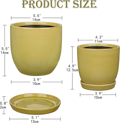 GnFlus Ceramic Plant Pots 5 Inch + 4 Inch Set of 2, Flower Plants Pot with Drainage Holes and Saucers Tray Planter Garden Pot for Succulent Cactus Home Decoration Gift Indoor Outdoor Green