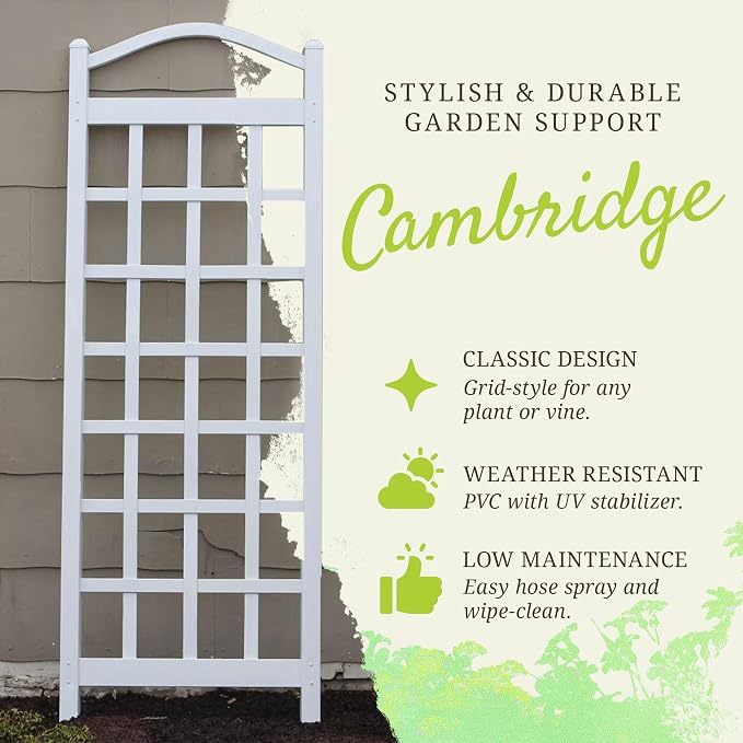 Dura-Trel Cambridge Garden Vinyl Trellis, Wall Mount Plant Support Frame, 28" x 75", White - Decorative Indoor and Outdoor Grid-Style Lattice Stand for Climbing Vines, Flowers, and Vegetable Plants