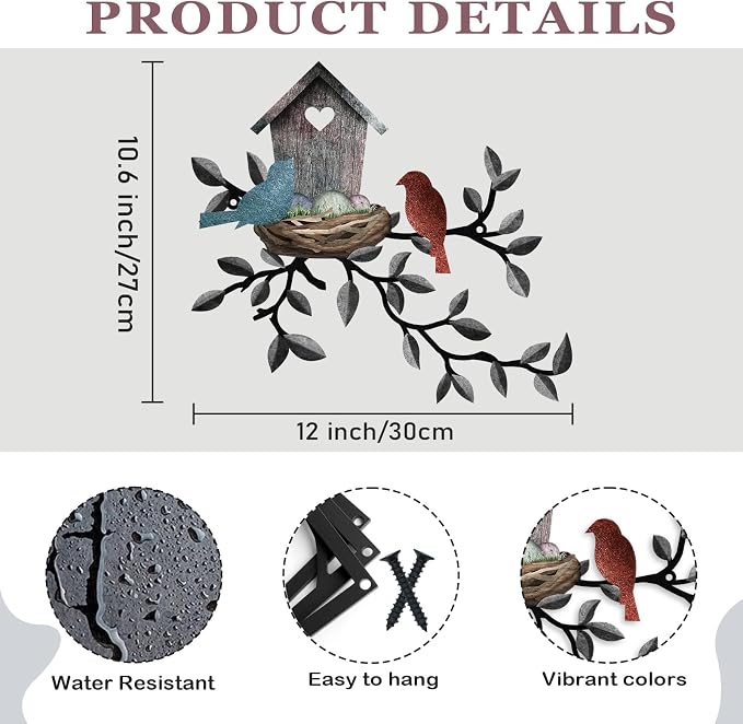 Birds Wall Metal Decor Outdoor Art Hanging Metal Tree with Birdhouse for Living Room Tree Leaf Wall Decor for Indoor Outside Garden, 10.6 x 12 Inches