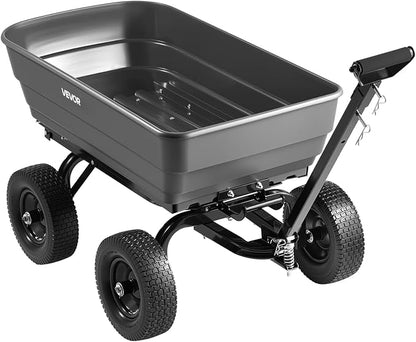 VEVOR 7 Cu.Ft 1200LBS Poly Garden Cart Dump Wagon, Heavy Duty Wheelbarrow with 2-in-1 Convertible Handle and 13" Flat Free Tires, Utility ATV Trailer Yard Dump Cart Tow Behind for Lawn Mower Tractor