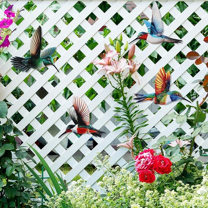 4 Pack Metal Hummingbird Wall Art Garden Decor, Birds Outdoor Wall Art Yard Patio Fence Decoration, 3D Colorful Bird Wall Hanging Sculpture Outside Livingroom Gift for Women Mom