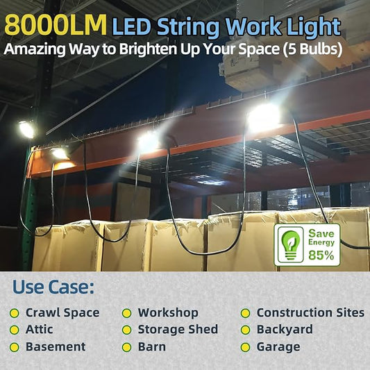 Owleye 50FT Led String Work Light 85W 8000LM Waterproof Construction String Lights Linkable Temporary Work Lighting Outdoor Indoor Worklight (5 Light Heads)-2 Pack