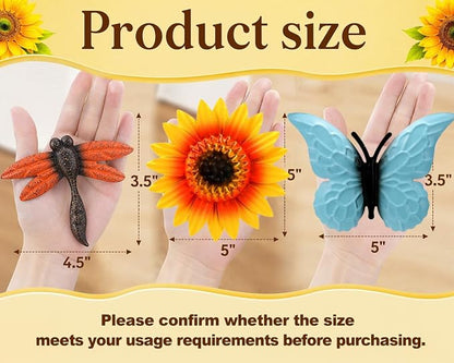 Pumtus 9 Pack Metal Flowers Wall Decor, Small Outdoor Fence Decoration, Butterfly Dragonfly Wall Art Ornament, Hanging Sunflower Animal Sculptures for Garden Patio Backyard Deck Home