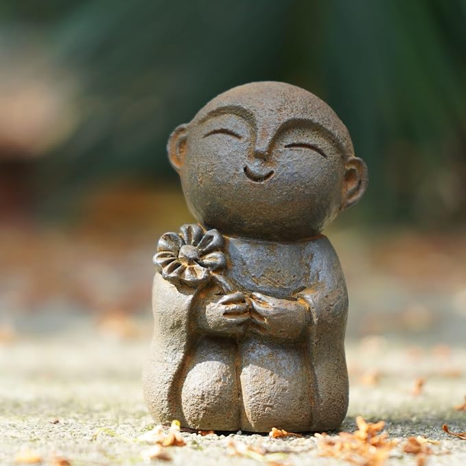 OwMell Japanese Jizo Monk Statue, Buddha Jizo Figurine Memorial Aquarium Statue Ornament - Flower Iron