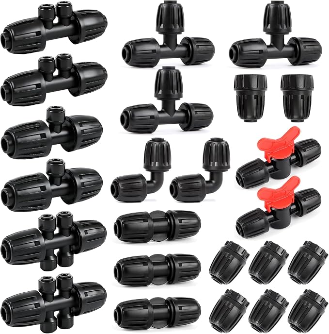 RedChili 24 Pcs 1/2 Inch Irrigation Tubing Fittings Kit, 16mm 1/2" Drip Line Barbed Locked Nuts Connectors with 3 Couplings 3 Tees 6 Plugs 2 Elbows 2 Valves 6 Quick Connect Reducers 2 Hose Adapters