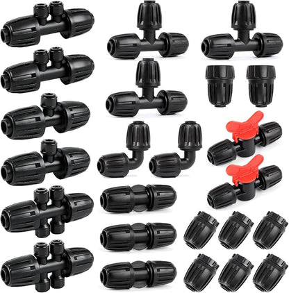 RedChili 24 Pcs 1/2 Inch Irrigation Tubing Fittings Kit, 16mm 1/2" Drip Line Barbed Locked Nuts Connectors with 3 Couplings 3 Tees 6 Plugs 2 Elbows 2 Valves 6 Quick Connect Reducers 2 Hose Adapters