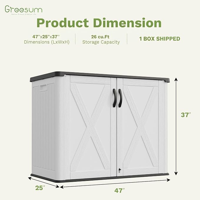 Greesum Outdoor Storage Cabinet, 26 CUFT Deck Box Without Shelves, Waterproof Plastic Storage Shed for Patio Cushions, Gardening Tools, Sidehandles and Lockable, UV Resistant, White