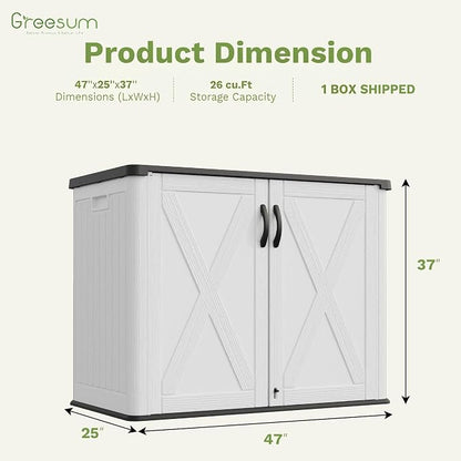 Greesum Outdoor Storage Cabinet, 26 CUFT Deck Box Without Shelves, Waterproof Plastic Storage Shed for Patio Cushions, Gardening Tools, Sidehandles and Lockable, UV Resistant, White