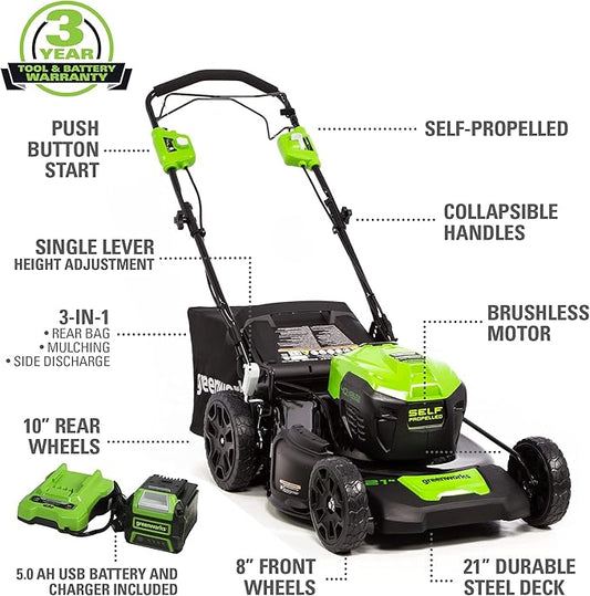Greenworks 40V 21" Brushless Cordless Self-Propelled Electric Lawn Mower, String Trimmer, 5.0Ah Battery and Charger