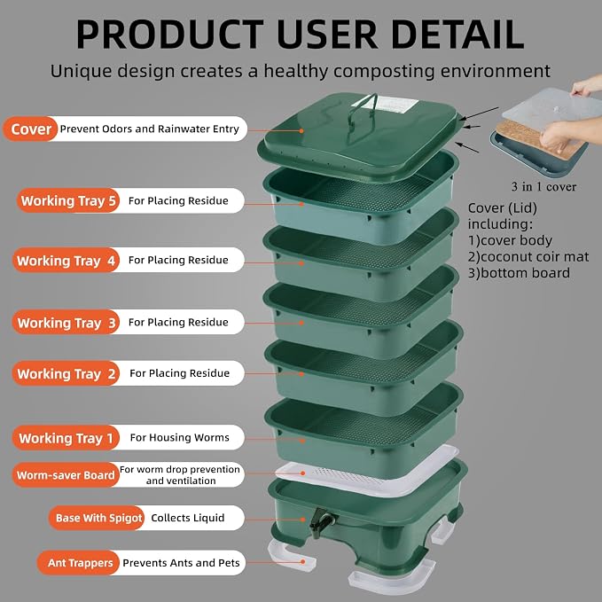 5-Tray Worm Compost Bin, Worm Composter for Outdoor & Indoor, 5-Tray ecocultivatify Wormie's Home Plus, Worm Bin Set for Recycling Household Waste (Dark Green)