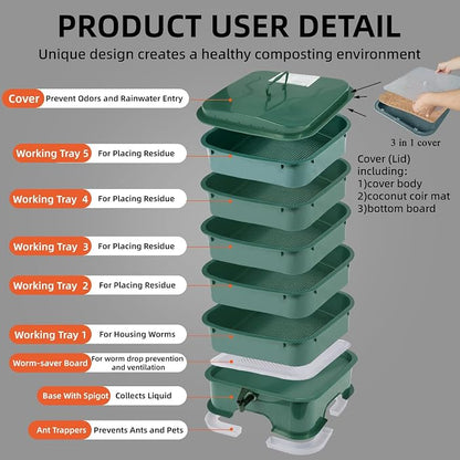 5-Tray Worm Compost Bin, Worm Composter for Outdoor & Indoor, 5-Tray ecocultivatify Wormie's Home Plus, Worm Bin Set for Recycling Household Waste (Dark Green)