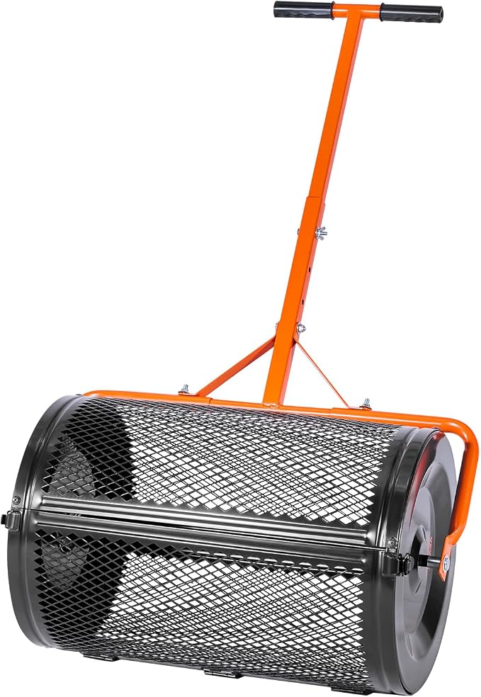 VEVOR Compost Spreader, 24 in Wide Peat Moss Spreader with T Shaped Handle, 3 Heights Adjustable, Powder-Coated Steel Garden Peat Moss Roller, Heavy Duty Grass Seed Spreaders for Planting Seeding