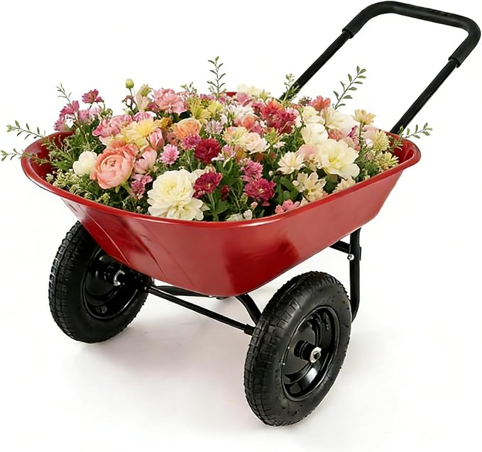 ERGOMASTER Dual-Wheel Wheelbarrow, Home Utility Garden Cart, Large Heavy Duty Yard Cart for Gardening (Red)