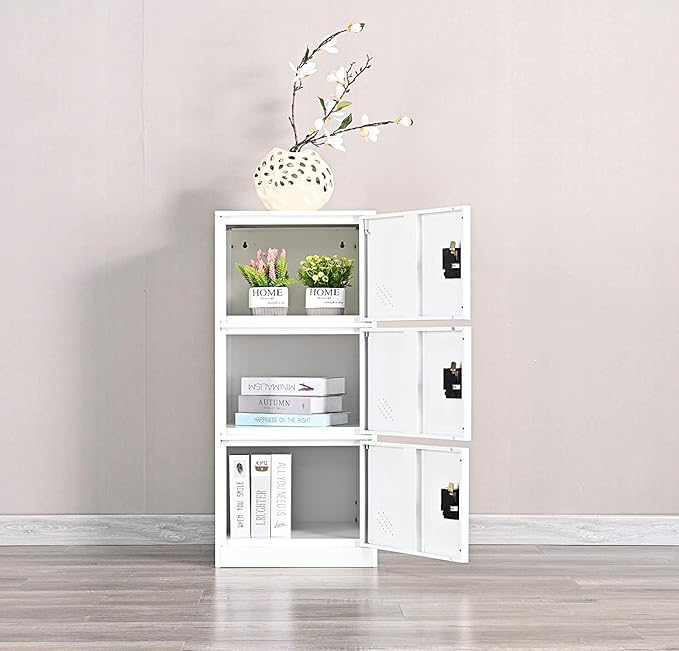 MECOLOR Vertical Single Tier Small Locker with Padlock latche 2 or 3 Compartment Storage for Employee,Home,Office,School,Kids (Full White, P3V)
