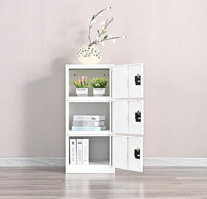 MECOLOR Vertical Single Tier Small Locker with Padlock latche 2 or 3 Compartment Storage for Employee,Home,Office,School,Kids (Full White, P3V)