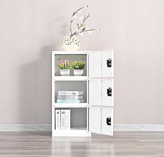 MECOLOR Vertical Single Tier Small Locker with Padlock latche 2 or 3 Compartment Storage for Employee,Home,Office,School,Kids (Full White, P3V)