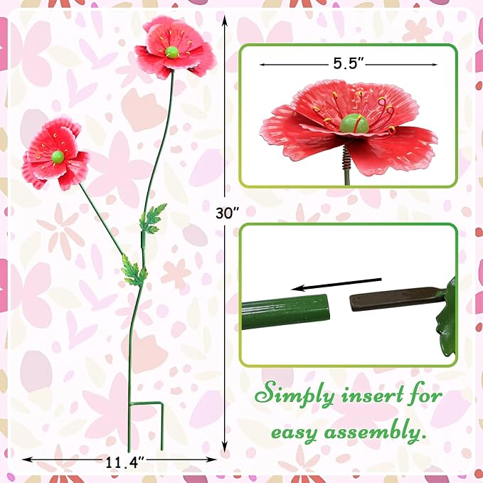 Metal Flowers for Outside, 30" Tall 2-Pack Decorative Garden Stakes - 3D Double-Layer Iron Flowers, Metal Flowers Outdoor Decor for Garden Yard & Patio