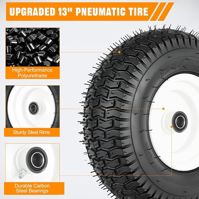 Yesker 13x5.00-6 Pneumatic Lawn Mower Tire and Wheel with 3/4" Bearing Bore, 13x5-6nhs Rubber Riding Lawnmower Tires with 3" Center Hub, 2 Pack
