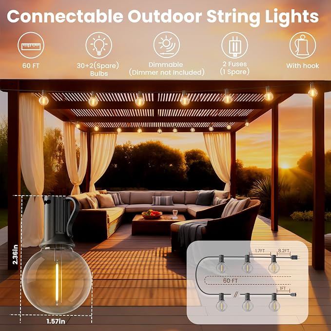 RTTY Outdoor String Lights 60 FT, Patio Lights with 32pcs Plastic G40 LED Bulbs,Shatterproof Waterproof Connectable Hanging for Porch Cafe Bistro Backyard Gazebo Balcony Deck Party