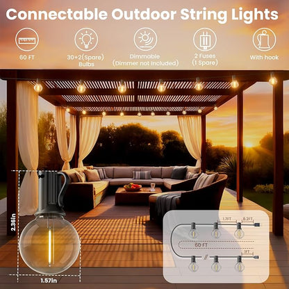 RTTY Outdoor String Lights 60 FT, Patio Lights with 32pcs Plastic G40 LED Bulbs,Shatterproof Waterproof Connectable Hanging for Porch Cafe Bistro Backyard Gazebo Balcony Deck Party