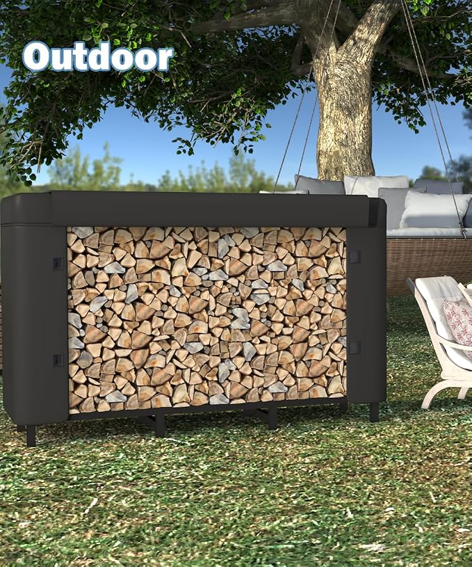 4ft Firewood Rack Holder with Cover, Adjustable Heavy Duty Fire Log Stacker Stand for Fireplace, Outdoor Indoor Metal Wood Pile Storage Organizer, Patio Logs Stand tool, Black