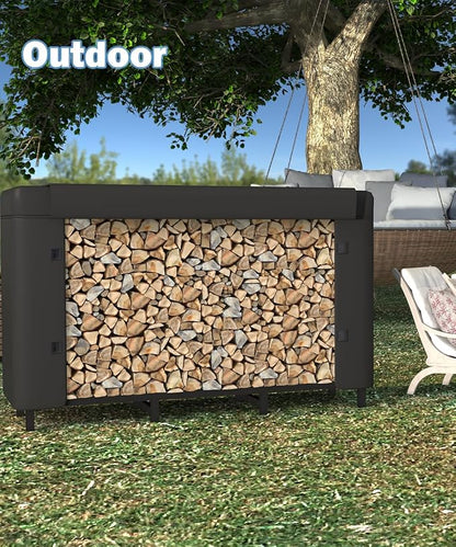 4ft Firewood Rack Holder with Cover, Adjustable Heavy Duty Fire Log Stacker Stand for Fireplace, Outdoor Indoor Metal Wood Pile Storage Organizer, Patio Logs Stand tool, Black