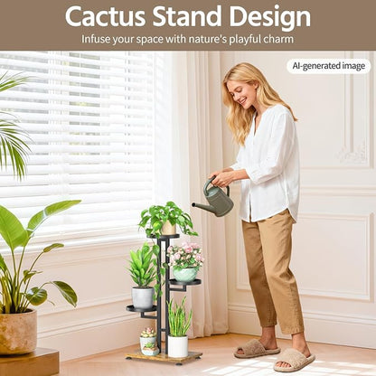 LASZOLA Black 3 Tiered Plant Stand Indoors Heavy Duty Metal Rack, Sturdy Multi Level Shleving Hold Flowers, Larger House Decorate Ladder for Planting Inside Tree Herb Cactus, Wooden Base, Space Saving