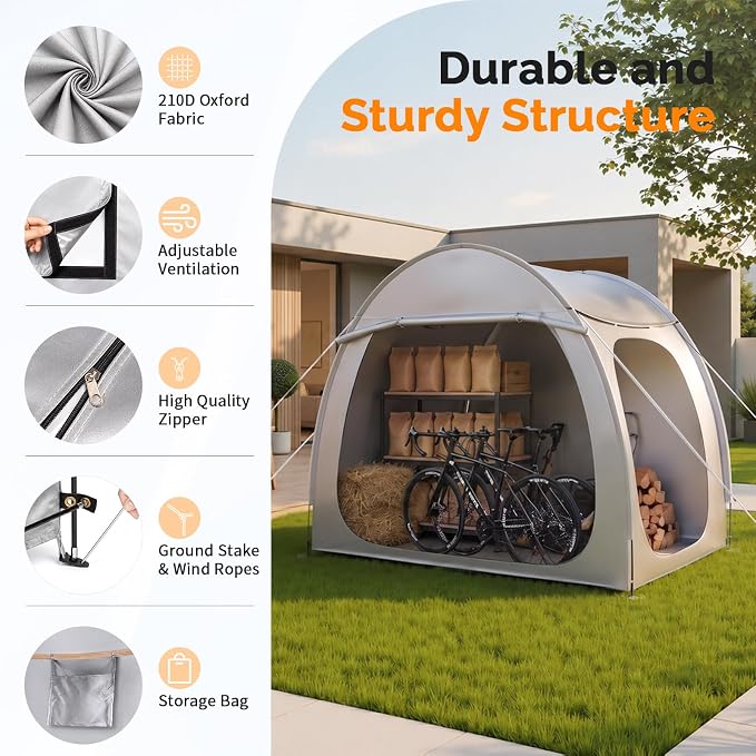 VINGLI Bike Storage Shed Tent for 4-5 Bikes, Outdoor Portable Bicycle Storage Shed with Carry Bag, Waterproof Bike Tent for Motorcycle, Garden Tools, Lawn Mower, Light Gray