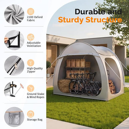 VINGLI Bike Storage Shed Tent for 4-5 Bikes, Outdoor Portable Bicycle Storage Shed with Carry Bag, Waterproof Bike Tent for Motorcycle, Garden Tools, Lawn Mower, Light Gray