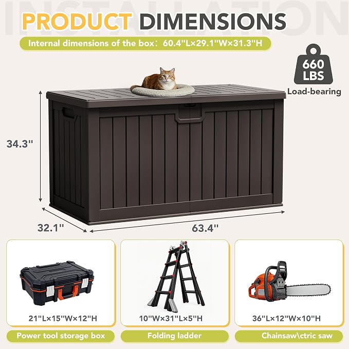240 Gallon HDPE Deck Box Outdoor Indoor Waterproof Storage Box for Patio Furniture, Pool Accessories, Garden Tools, and Cushion Storage, Brown