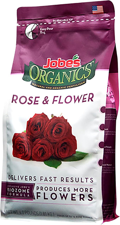 Jobe's Granular Plant Food Flower & Rose, Jobe’s Organics Fertilizer for Geraniums, Hibiscus, Daisies, and Other Perennial and Annual Plants, 4 lbs