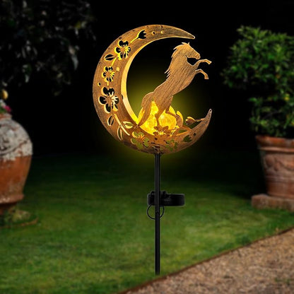 Solar Lights Outdoor Waterproof - Moon & Horse Landscape Lighting, Weatherproof SolarGarden Stakes with 8-10H Auto On/Off, Decorative Pathway Markers for Driveway/Walkway/Equestrian Farms